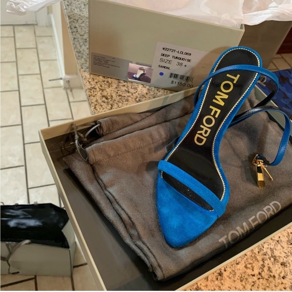 Tom Ford Deep Turquoise Suede Open-Toe Heels - Picture 4 of 4